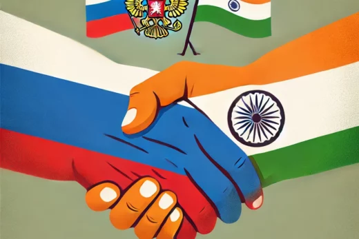 Here is the image showing the flags of Russia and India represented as hands shaking.