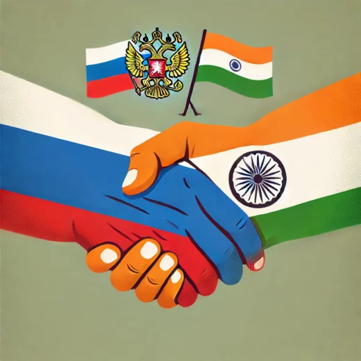 Here is the image showing the flags of Russia and India represented as hands shaking.