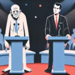 debate scene with a pale and sluggish-looking leader on stage