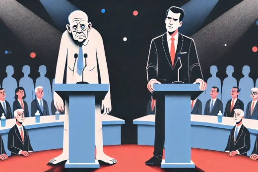 debate scene with a pale and sluggish-looking leader on stage