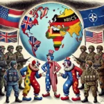 geopolitical tension scene with clowns representing different countries