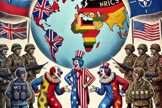 geopolitical tension scene with clowns representing different countries