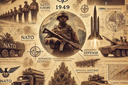 historical image depicting the evolution of NATO's military presence and buildup from 1949 to present day, highlighting key elements such as Cold War era troop deployments, modern military exercises, advanced defense technologies, and strategic alliances.