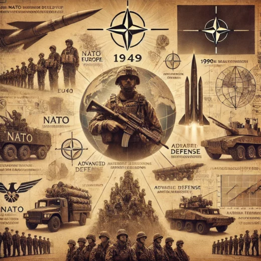 historical image depicting the evolution of NATO's military presence and buildup from 1949 to present day, highlighting key elements such as Cold War era troop deployments, modern military exercises, advanced defense technologies, and strategic alliances.