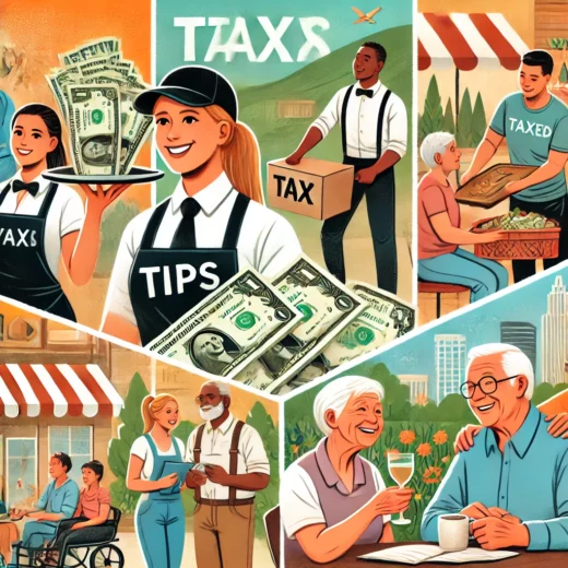 illustration showing a diverse group of service industry workers and seniors. The workers, including a waitress, a bartender, a diverse group of service industry workers and seniors