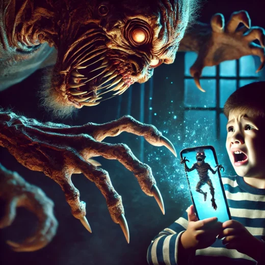 a grotesque monster reaching through a child's cell phone screen