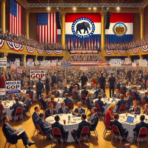 delegates are gathered in a large hall with American flags and Missouri state