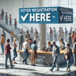 diverse group of people registering to vote at the counter