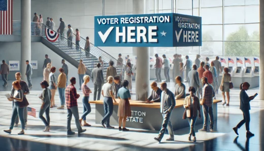 diverse group of people registering to vote at the counter