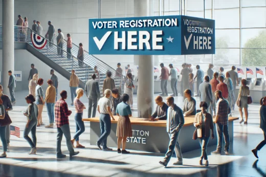 diverse group of people registering to vote at the counter