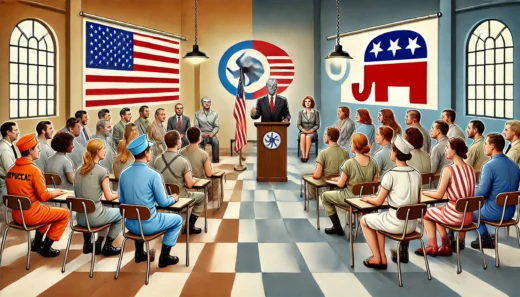 divided political landscape with a split image showing two contrasting scenes