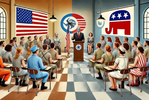 divided political landscape with a split image showing two contrasting scenes