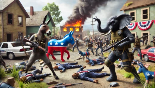 dramatic scene depicting a civil war between symbolic representations of donkeys and elephants