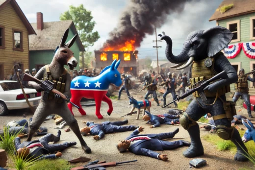 dramatic scene depicting a civil war between symbolic representations of donkeys and elephants