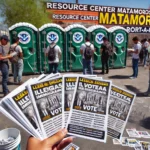 flyers being distributed at an outdoor area of an NGO center