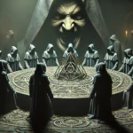 hooded figures gathered around a round table