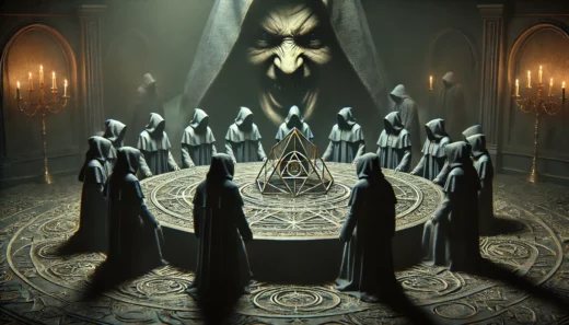 hooded figures gathered around a round table