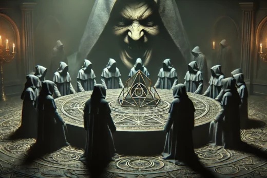 hooded figures gathered around a round table