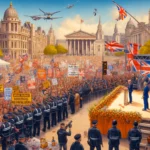 vibrant scene depicting a large crowd at a political rally in London