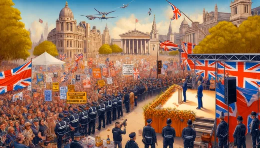 vibrant scene depicting a large crowd at a political rally in London