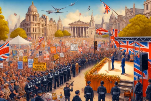 vibrant scene depicting a large crowd at a political rally in London