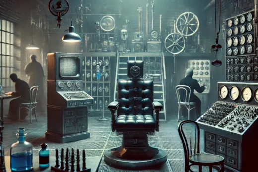 dark and eerie scene depicting a covert laboratory from the 1950s