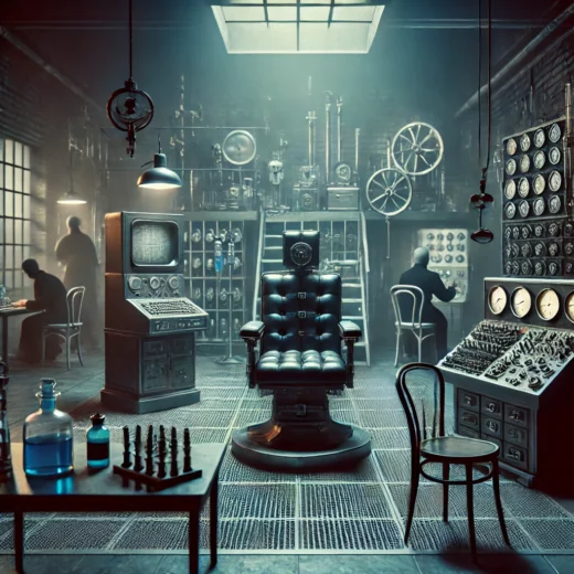 dark and eerie scene depicting a covert laboratory from the 1950s