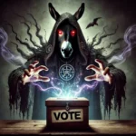 dark and evil wizard with the face of a donkey casting a spell over a voting box