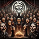 eerie scene depicting a death cult with large unsettling smiles on their faces