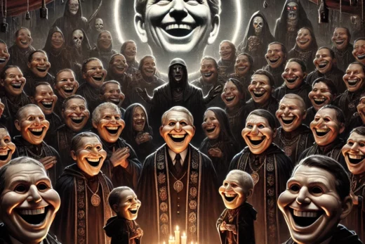 eerie scene depicting a death cult with large unsettling smiles on their faces