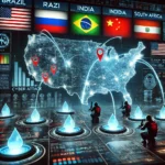 high-tech cyber-focused scene showing BRICS launching cyberattacks