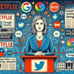 political candidate at the center, with tech company logos like Google, Netflix, and OpenAI