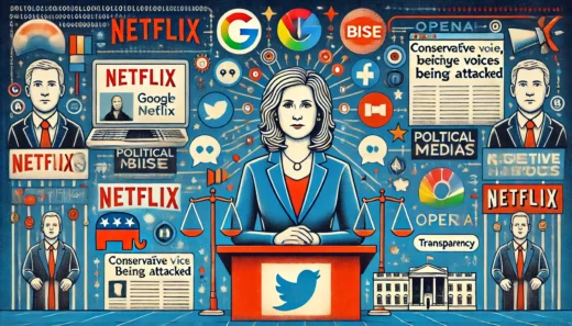 political candidate at the center, with tech company logos like Google, Netflix, and OpenAI