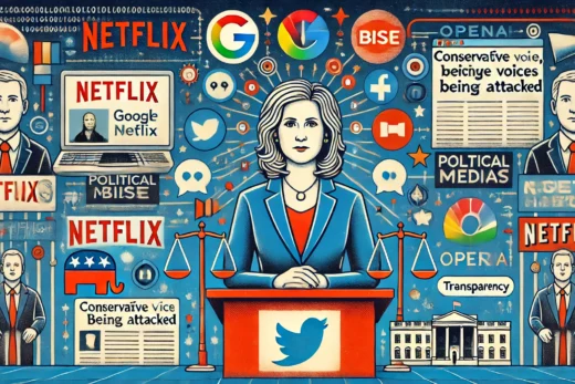 political candidate at the center, with tech company logos like Google, Netflix, and OpenAI