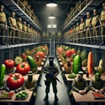 crowded prison cell block filled with vegetable convicts like tomatoes