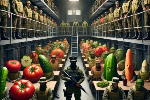 crowded prison cell block filled with vegetable convicts like tomatoes