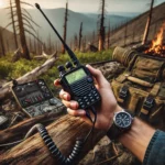 HAM radio in an outdoor survival scenario surrounded by rugged wilderness