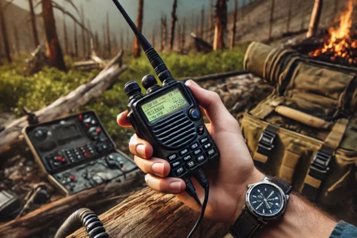 HAM radio in an outdoor survival scenario surrounded by rugged wilderness