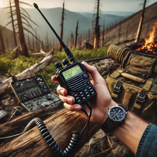 HAM radio in an outdoor survival scenario surrounded by rugged wilderness