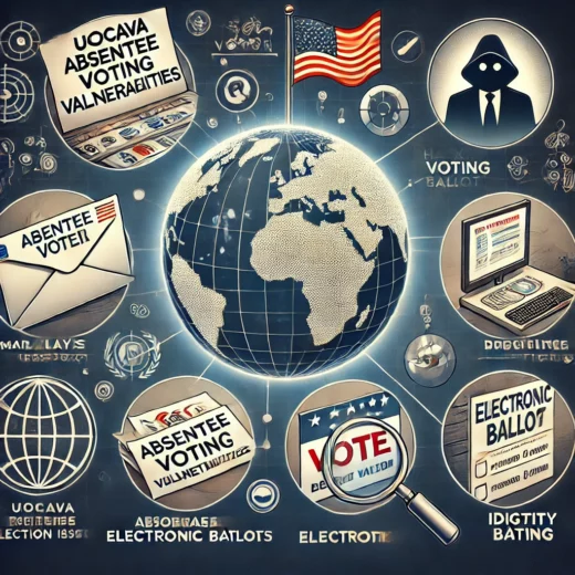 UOCAVA absentee voting vulnerabilities showing elements like a globe representing overseas voters