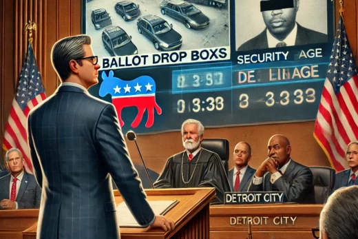 courtroom setting with an RNC representative standing at a podium addressing a judge