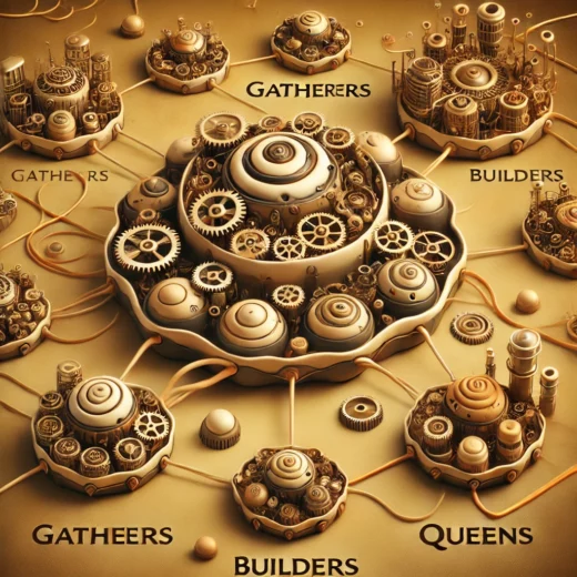 digital ecosystem with interconnected nodes representing Gatherers, Builders, and Queens