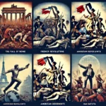 five historical uprisings against governments each symbolized by iconic scenes