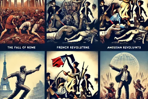 five historical uprisings against governments each symbolized by iconic scenes