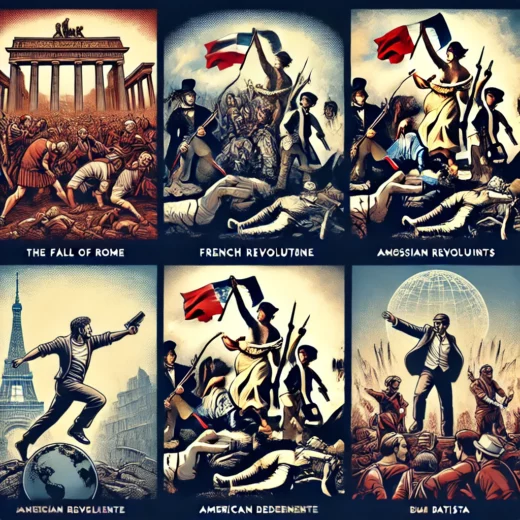 five historical uprisings against governments each symbolized by iconic scenes