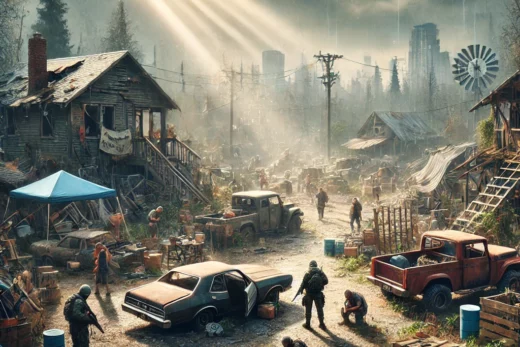 post-apocalyptic scene of a community rebuilding in a dystopian America