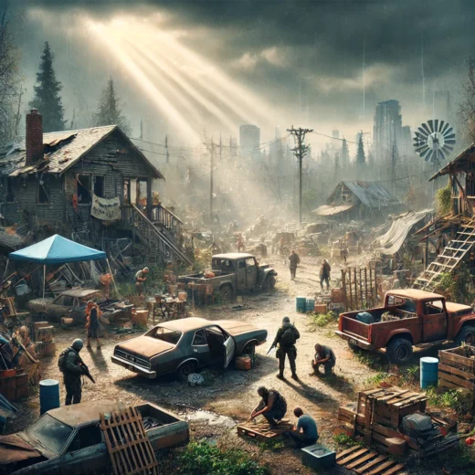 post-apocalyptic scene of a community rebuilding in a dystopian America