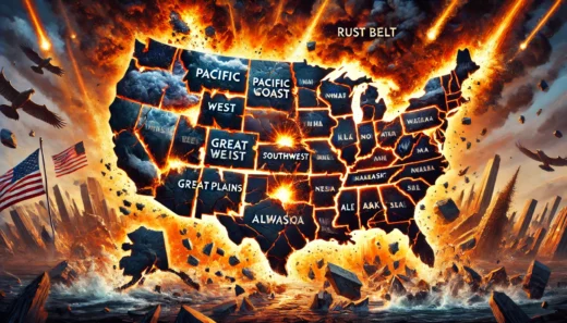 United States divided into regions with some states exploding as the map breaks apart