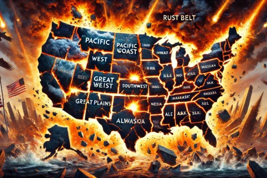 United States divided into regions with some states exploding as the map breaks apart