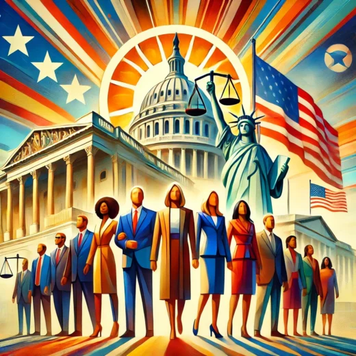 diverse group of leaders standing together in front of the U.S. Capitol